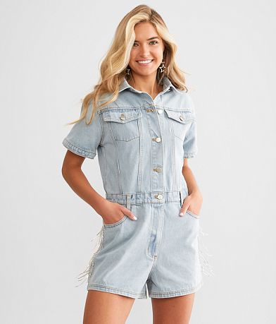 Blue B Rhinestone Fringe Denim Romper full left side view