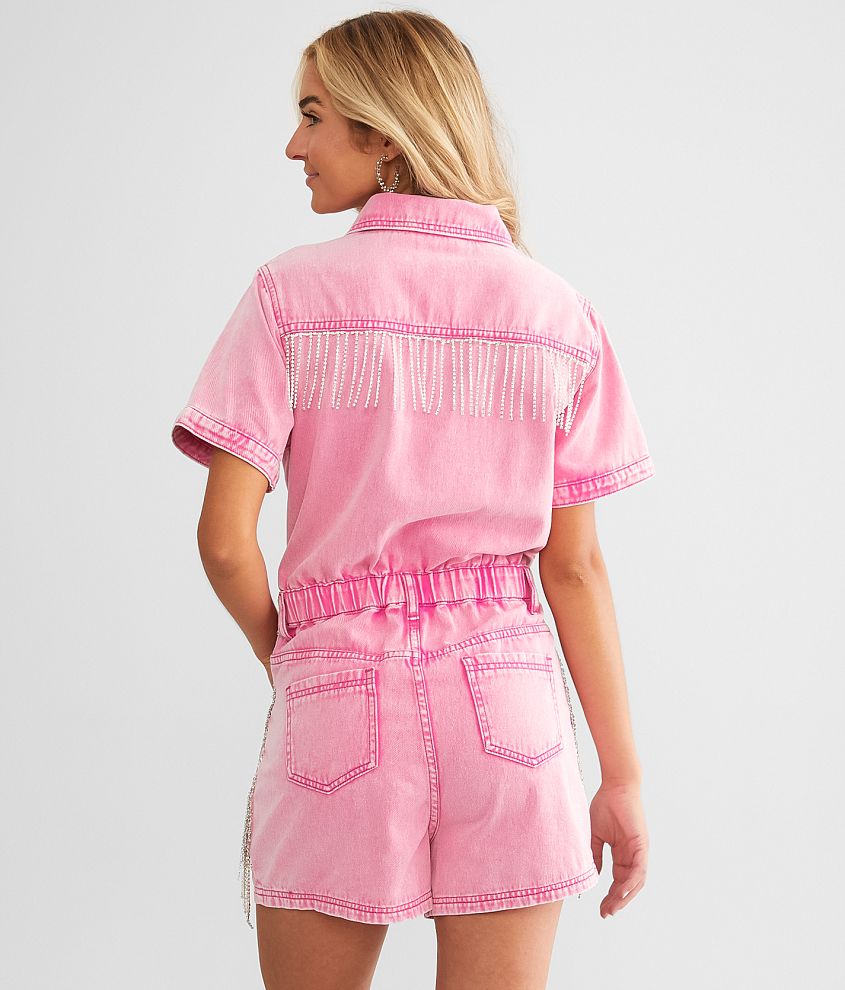 Rhinestone Fringe Denim Romper