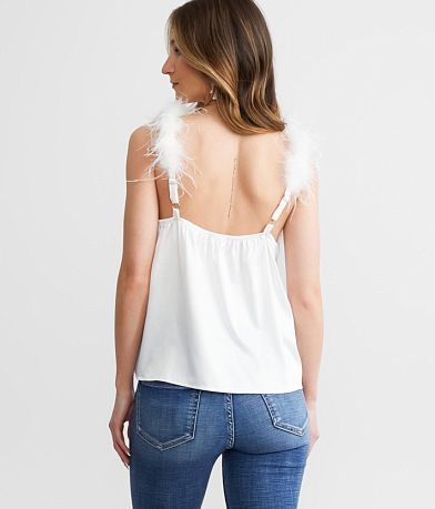 Blue B Feather Trim Satin Tank Top back view