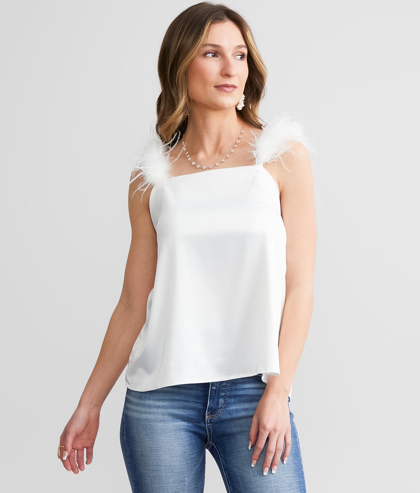 Blue B Feather Trim Satin Tank Top - Women's Tank Tops In White | Buckle