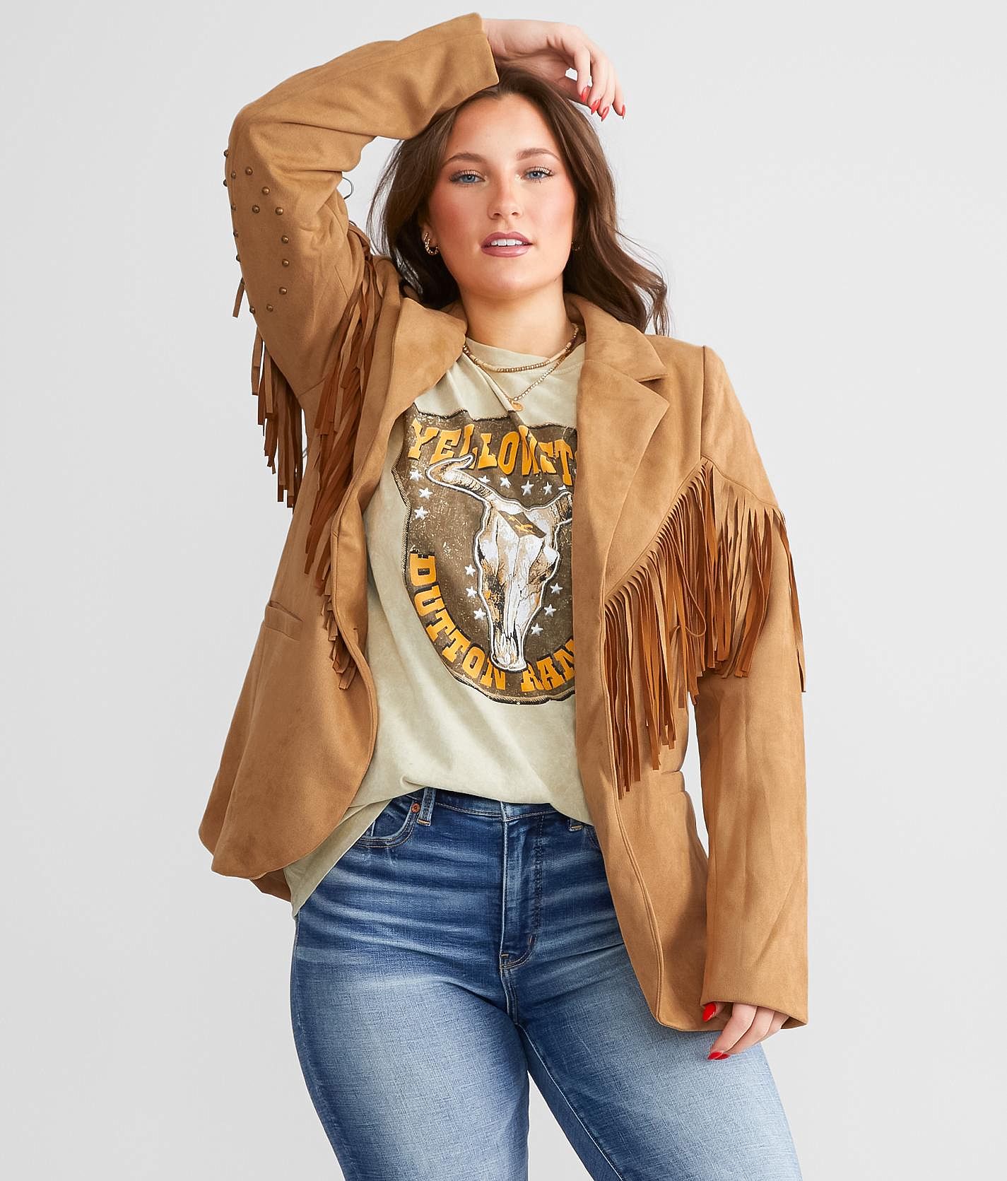 Blue B Faux Suede Fringe Blazer - Women's Coats/Jackets in Taupe