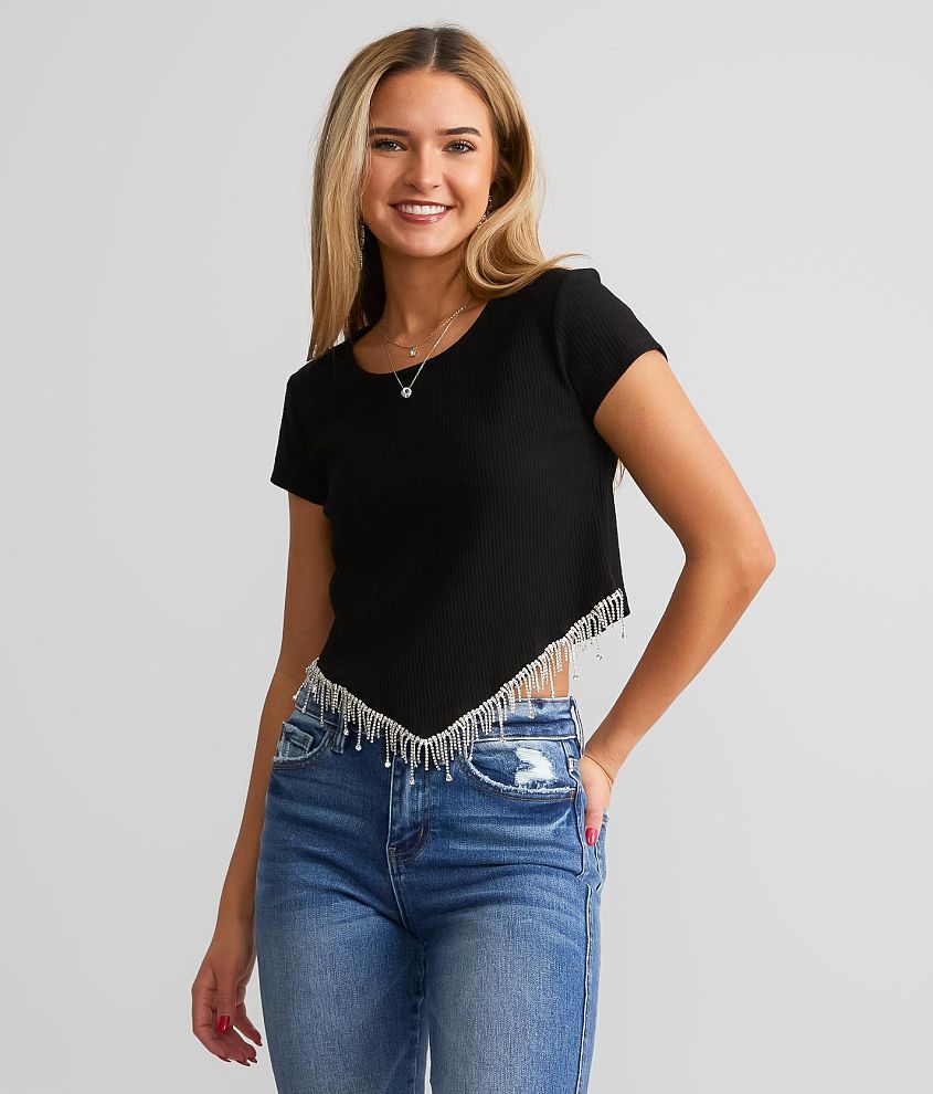 Blue B Rhinestone Fringe Cropped Top - Women's Shirts/Blouses in