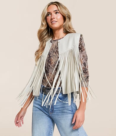 Blue B Faux Leather Fringe Vest front view