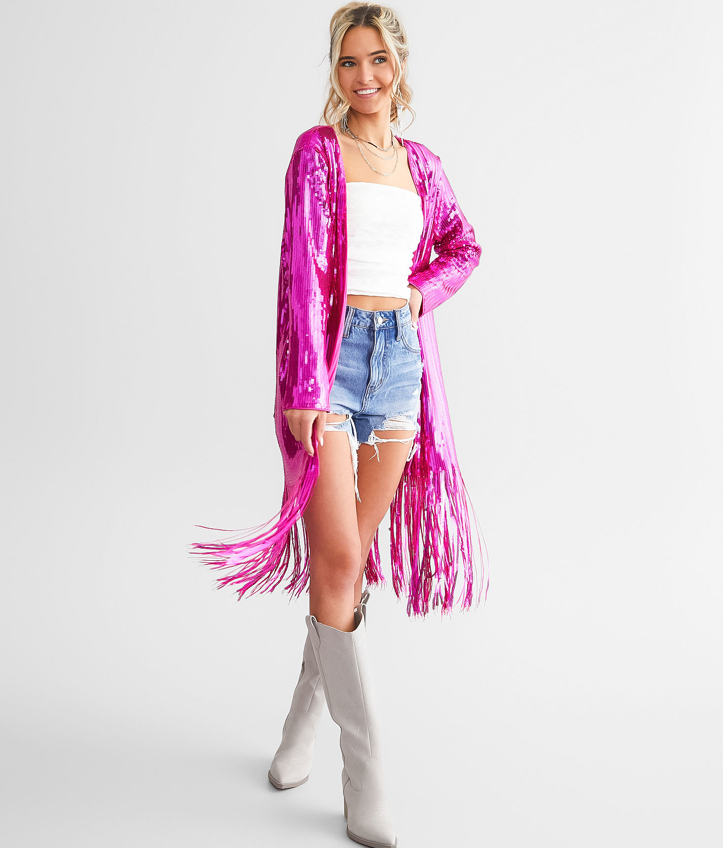 Blue Buttercup Hot Pink Sequin Fringe Jacket Hot Pink / M