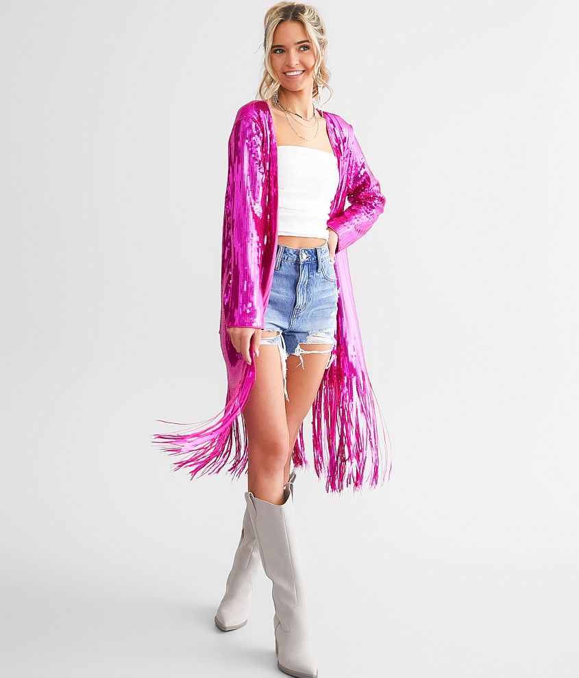 Blue B Star Sequin Fringe Cardigan - Women's Sweaters in Hot Pink