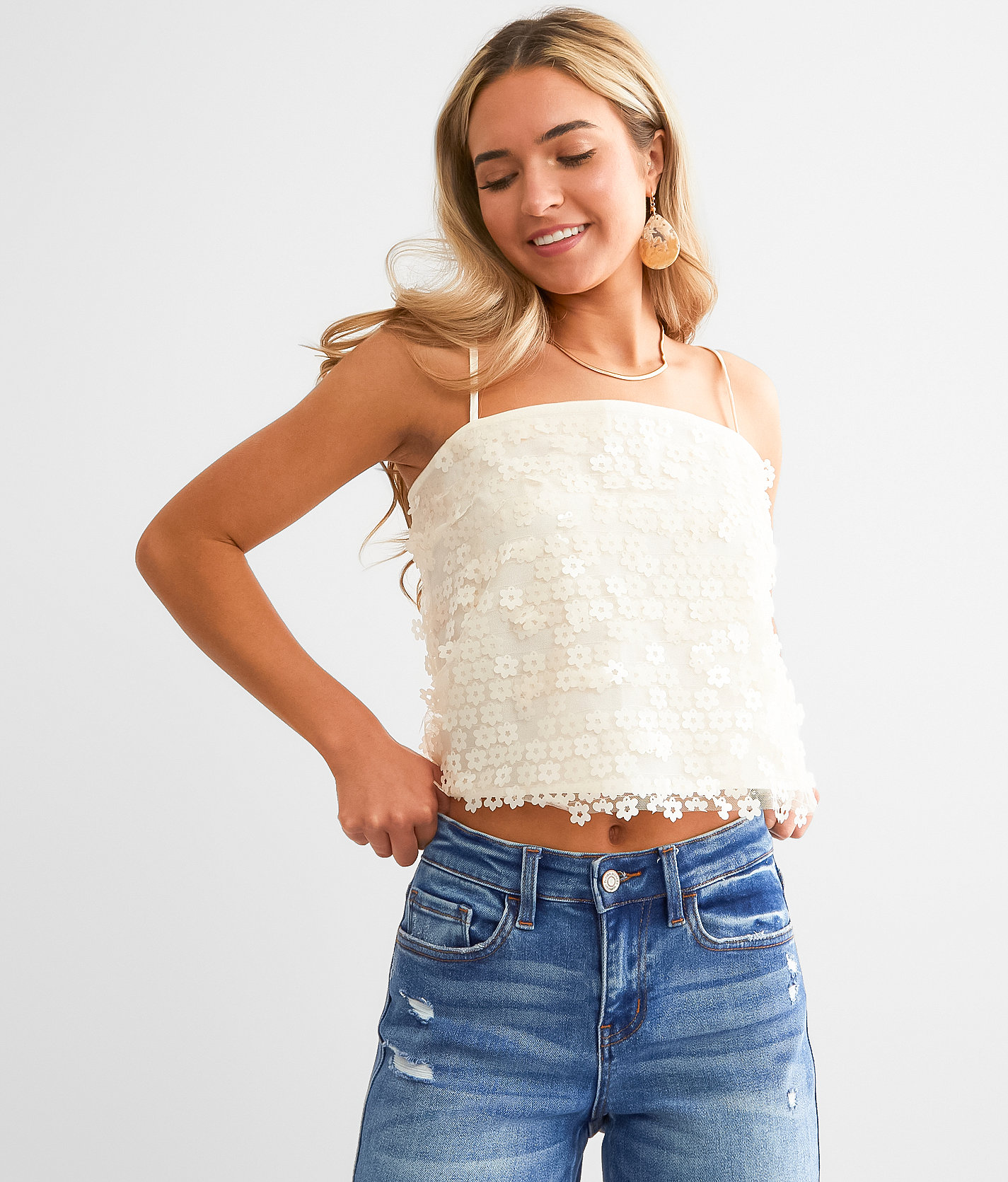 Blue B Flower Applique Cropped Tank Top - Women's Tank Tops In Cream ...