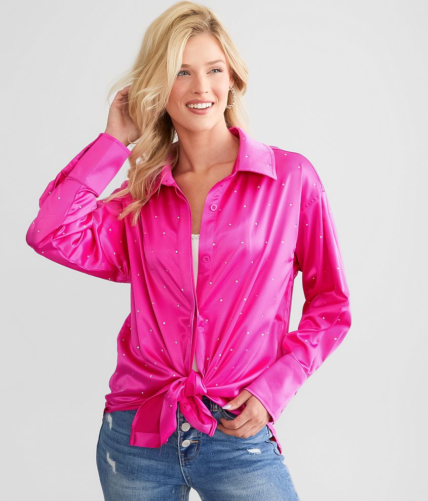 Blue B Rhinestone Satin Blouse - Women's Shirts/Blouses in Hot Pink