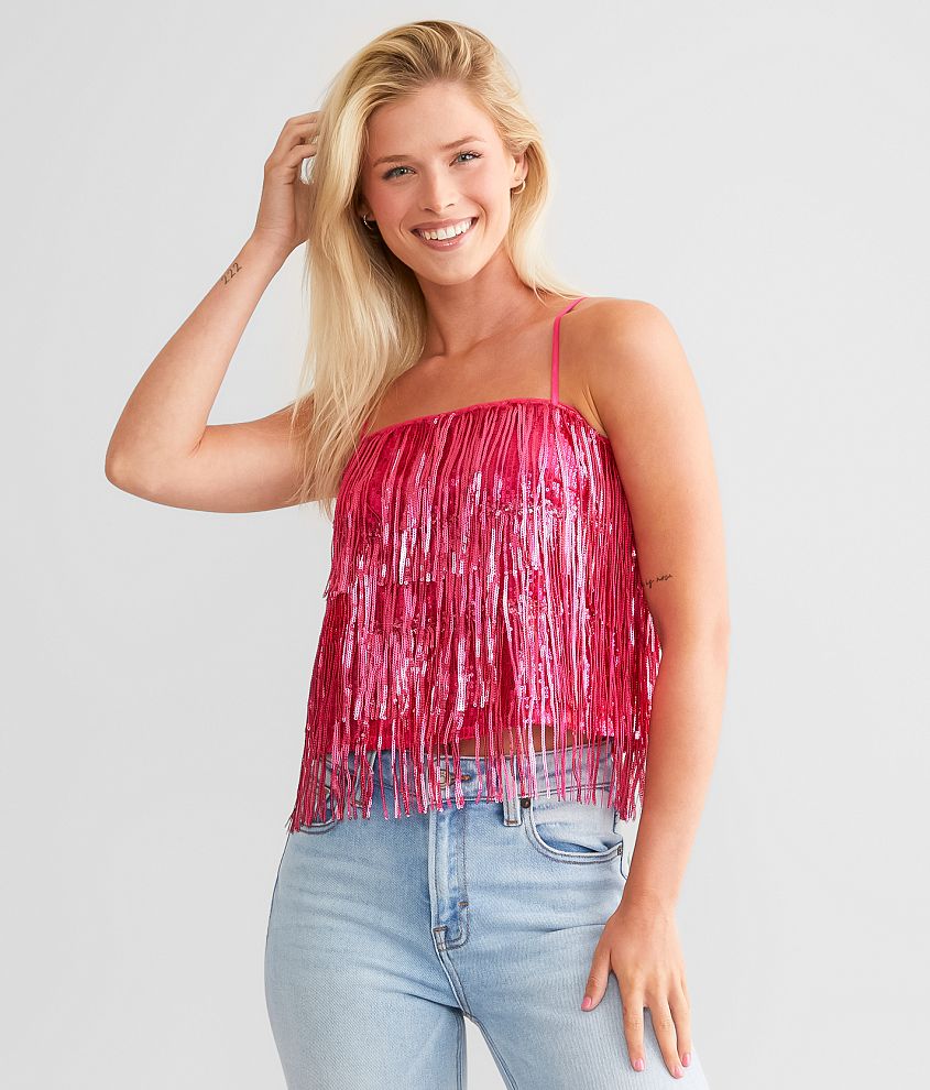 Blue B Tiered Sequin Fringe Cropped Tank Top - Women's Tank Tops in Pink