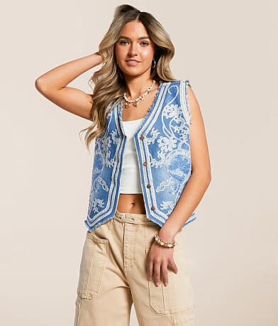 Blue B Embroidered Denim Vest front view