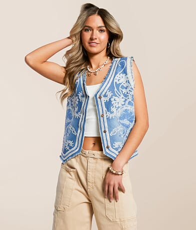 Blue B Embroidered Denim Vest front view