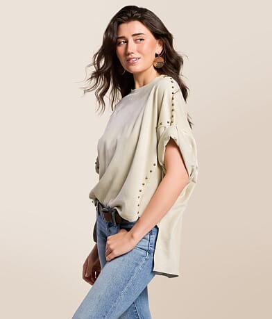 Blue B Studded Faux Suede Oversized T-Shirt front view