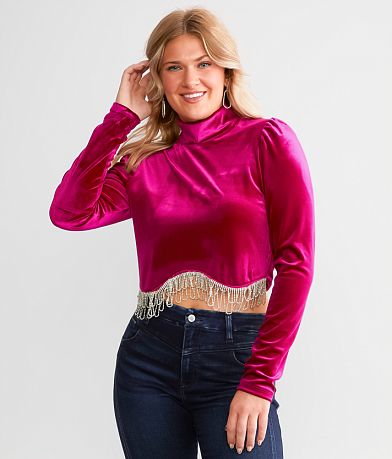 Blue B Velvet Rhinestone Fringe Top front view