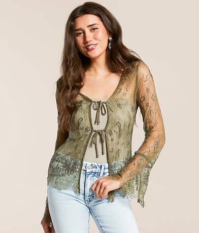Blue B Beaded Eyelash Lace Top front view