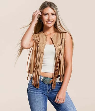 Blue B Faux Suede Fringe Vest front view