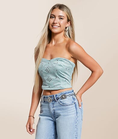 Blue B Studded Faux Suede Tube Top front view