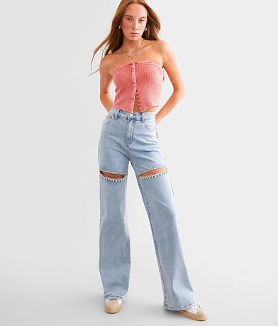 Blue B Ultra High Rise Wide Leg Rhinestone Stretch Jean front view