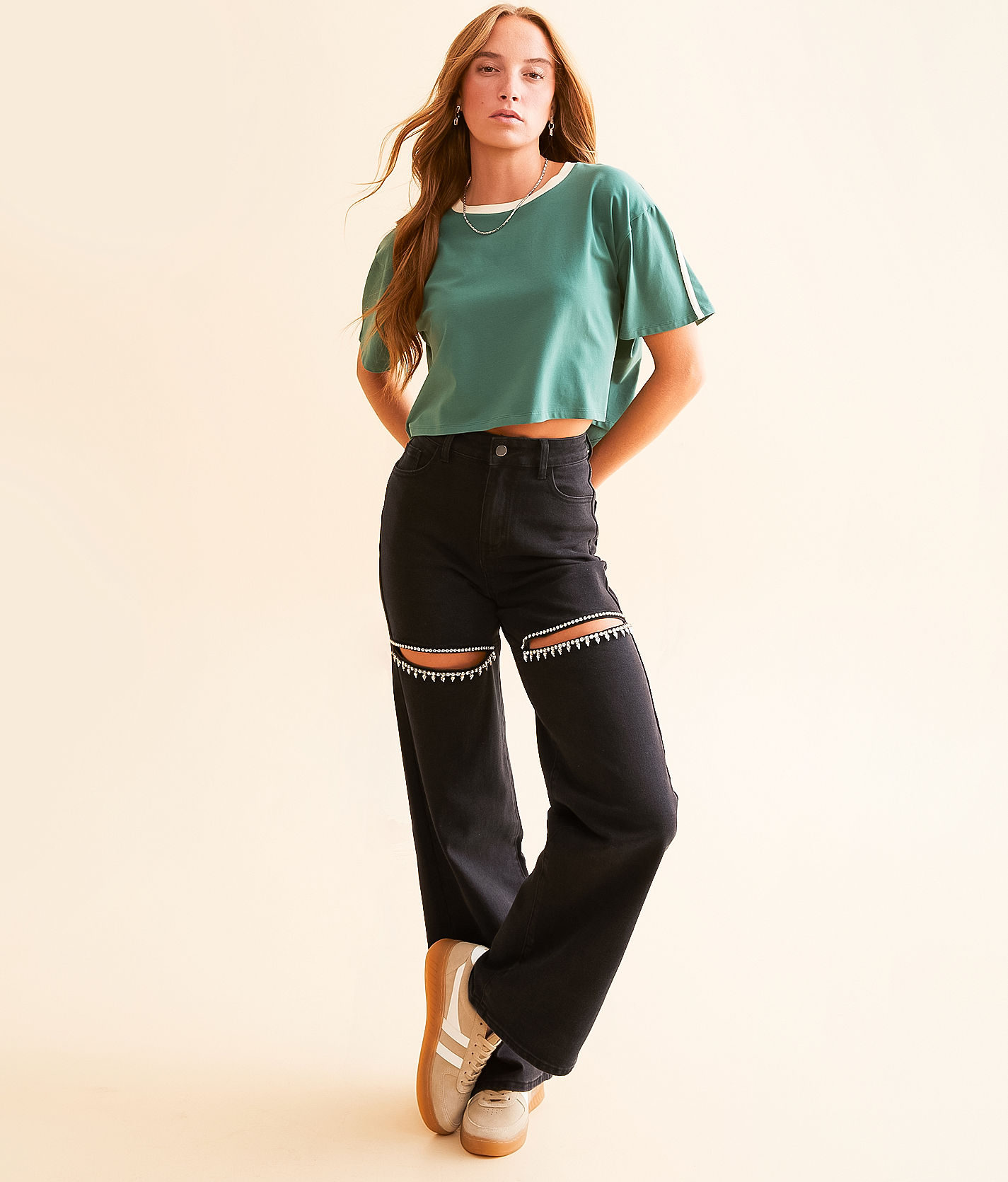 Blue B Ultra High Rise Wide Leg Rhinestone Stretch Jean