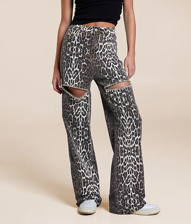 Blue B Ultra High Rise Wide Leg Rhinestone Leopard Jean front view