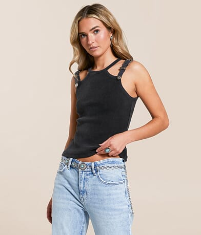 Blue B Double Western Buckle Strap Tank Top front view