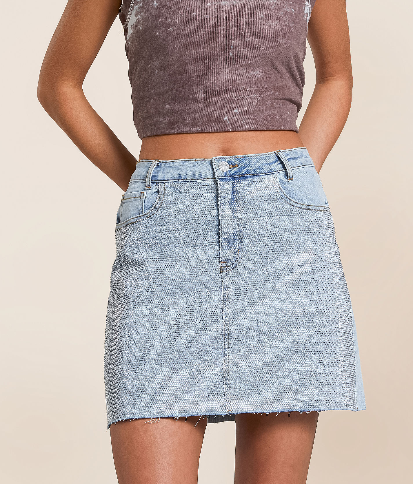 Blue B Rhinestone Denim Mini Stretch Skirt - Women's Skirts in