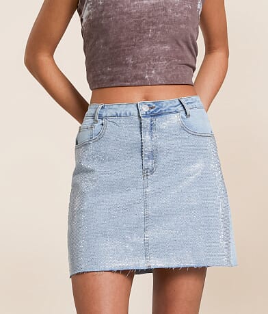 Blue B Rhinestone Denim Mini Stretch Skirt front view