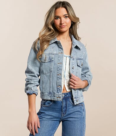 Blue B Rhinestone Studded Denim Jacket front view