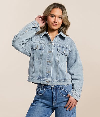 Blue B Rhinestone Studded Denim Jacket full left side view