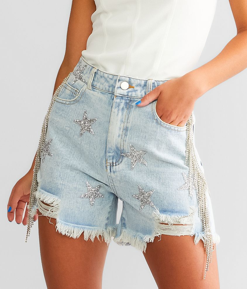 Rhinestone Fringe Short Shorts - Medium Wash