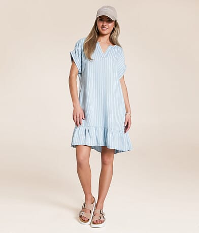Blu Pepper Striped Chambray Dress front view