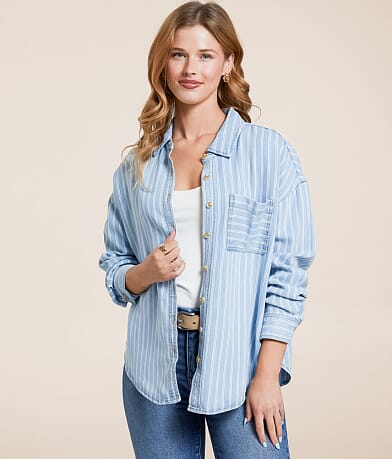 Blu Pepper Striped Chambray Shirt front view