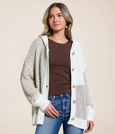 Blu Pepper Color Block Hooded Cardigan Sweater front view