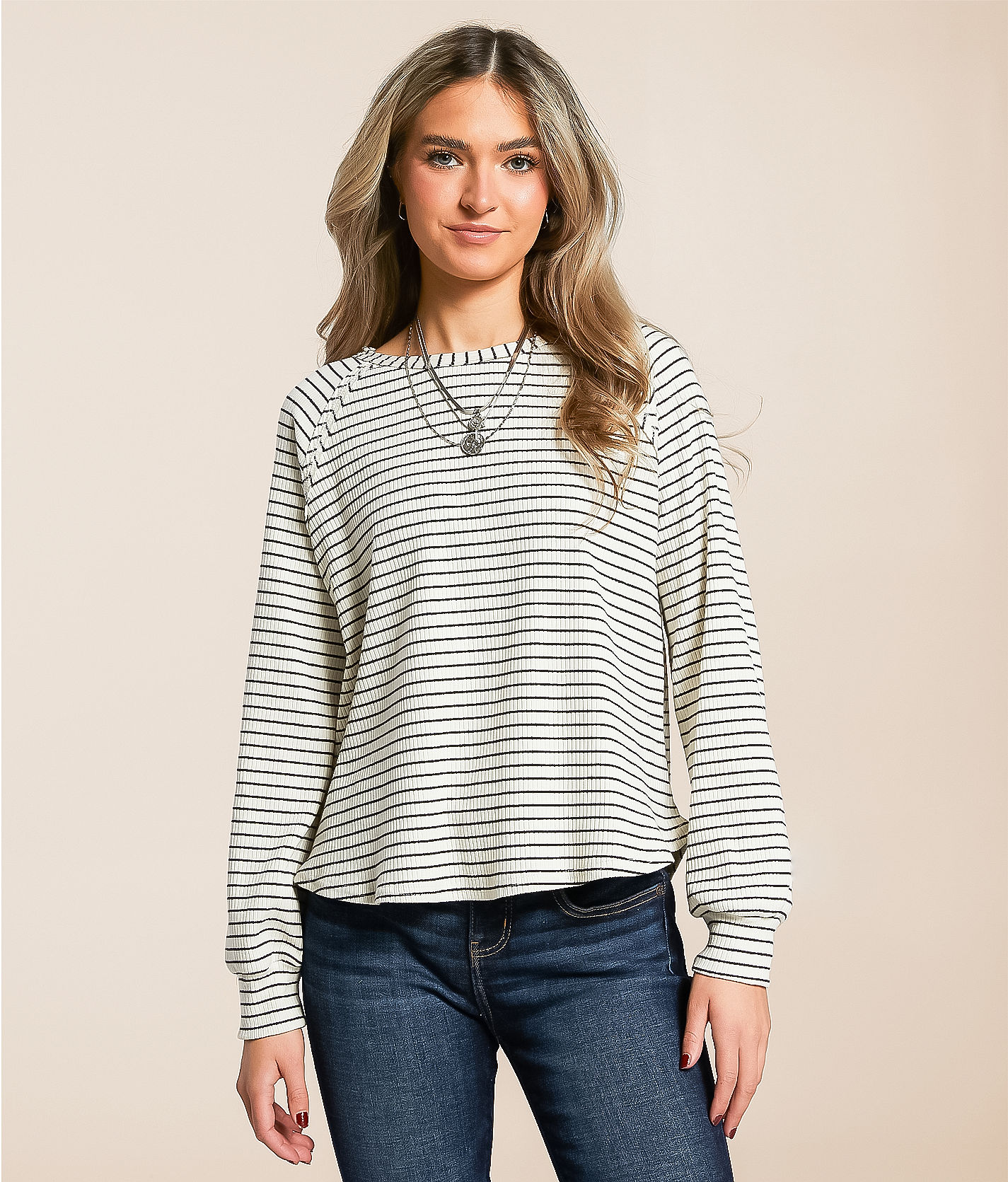 Blu Pepper Raw Edge Ribbed Top - Women's Shirts & Blouses in Cream