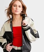 Blu Pepper Faux Leather Color Block Jacket - Women's Coats