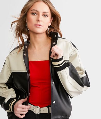 Blu Pepper Faux Leather Color Block Jacket front view