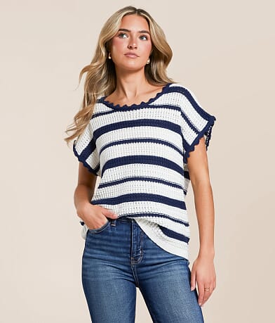 Blu Pepper Scalloped Stripe Sweater front view