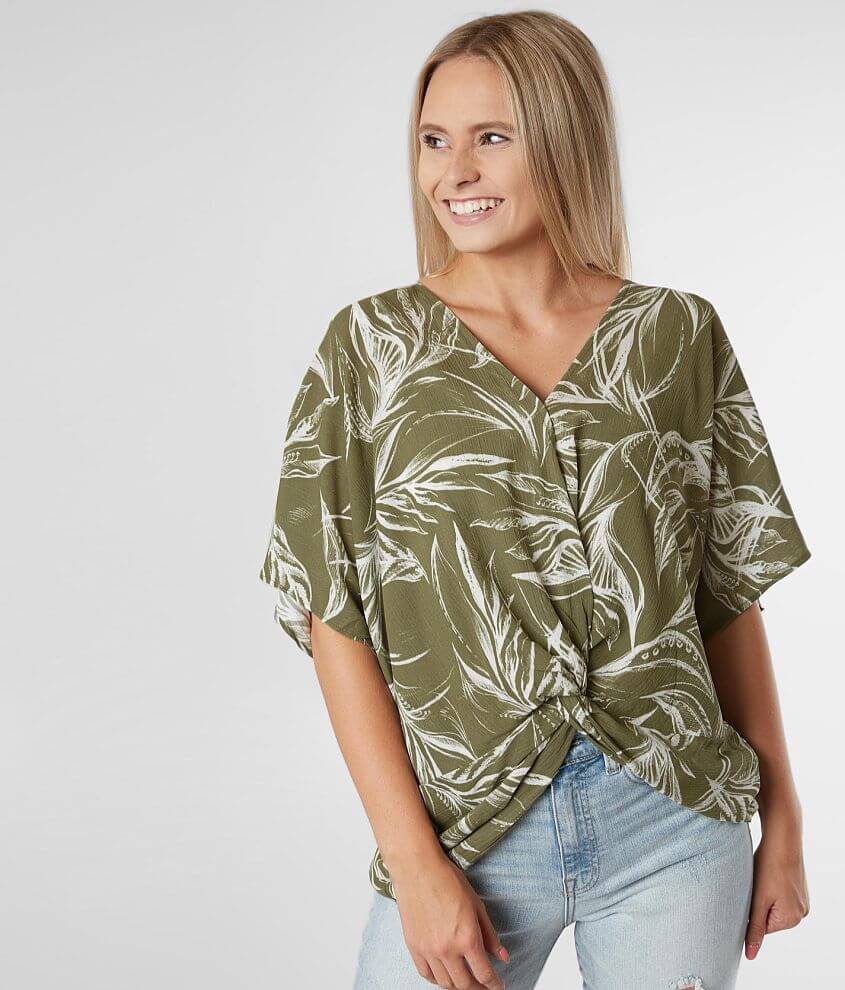 Blu Pepper Tropical Print Surplice Top front view