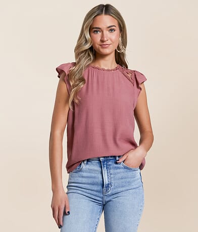 Blu Pepper Textured Flutter Top front view