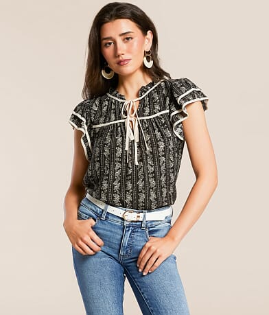 Blu Pepper Floral Front Tie Top front view