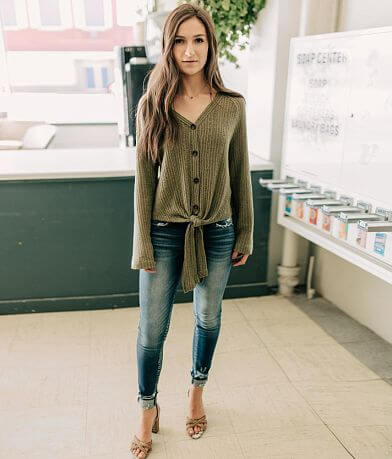 Blu Pepper Front Tie V-Neck Pullover Sweater full left side view