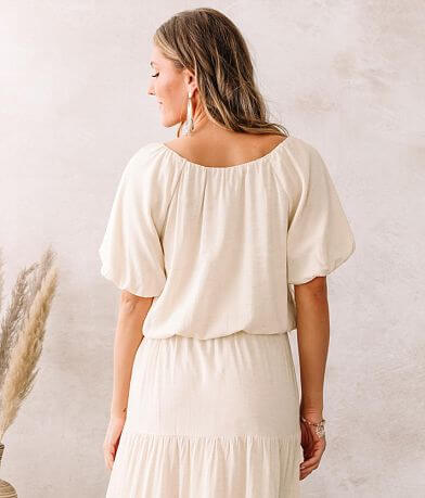Moon River Heathered Puff Sleeve Top back view