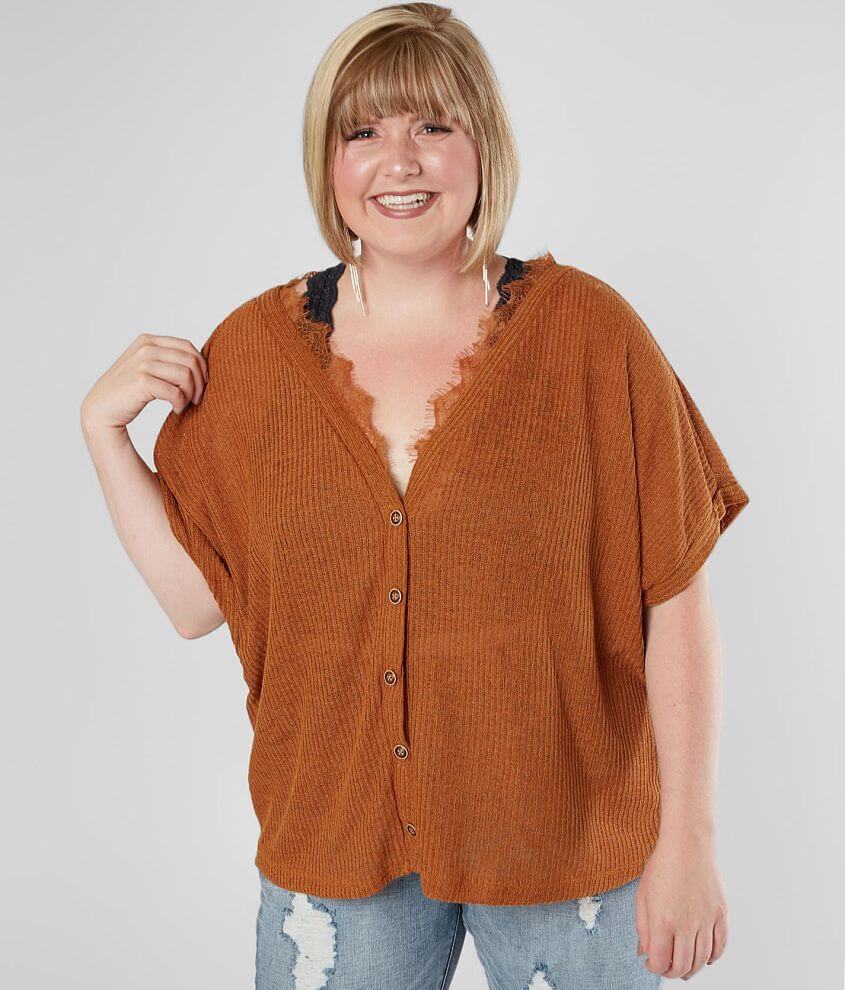 perch Button Down Open Weave Top - Plus Size Only front view