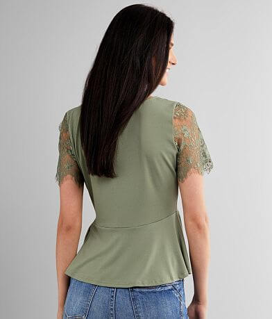 E & M Scalloped V-Neck Peplum Top BACK