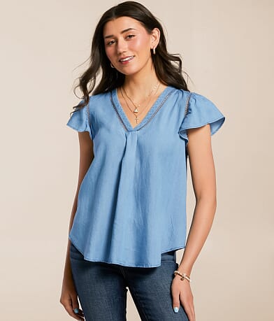 Blu Pepper Flowy Chambray Top front view