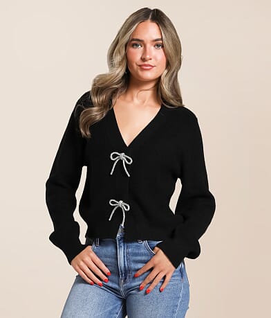 The Workshop Rhinestone Bow Cropped Cardigan Sweater front view
