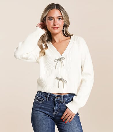 The Workshop Rhinestone Bow Cropped Cardigan Sweater front view