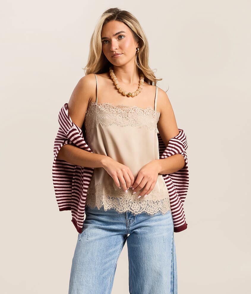 Satin Eyelash Lace Trim Tank Top - thumbnail 4