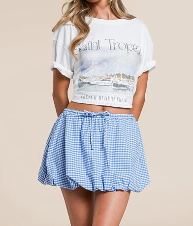 Dakota Blue Gingham Bubble Mini Skirt full left side view