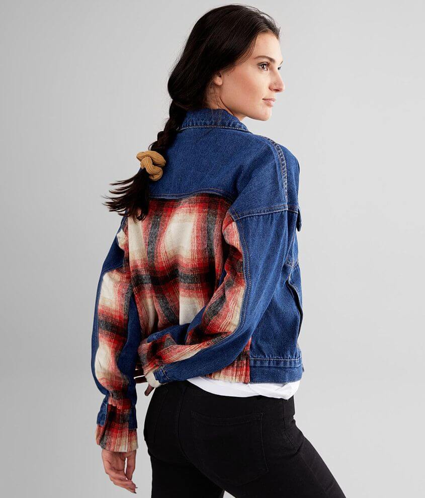 BKE Brushed Wool Blend Plaid Denim Jacket front view