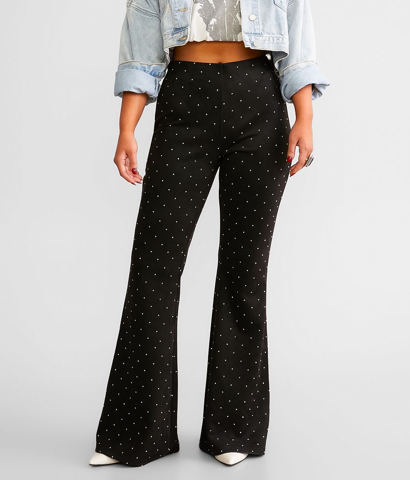 Willow &#38; Root Rhinestone Faux Suede Flare Stretch Pant front view