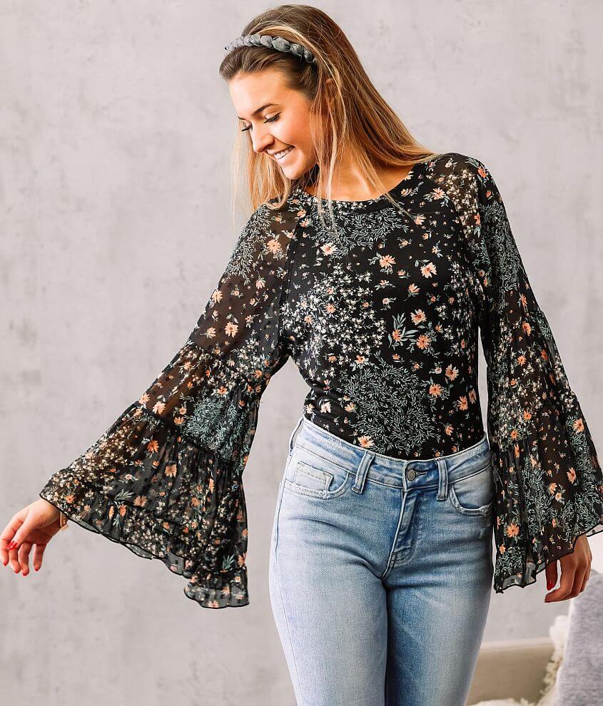 Black Patterned Gypsy Style Bell Sleeve Crop Top